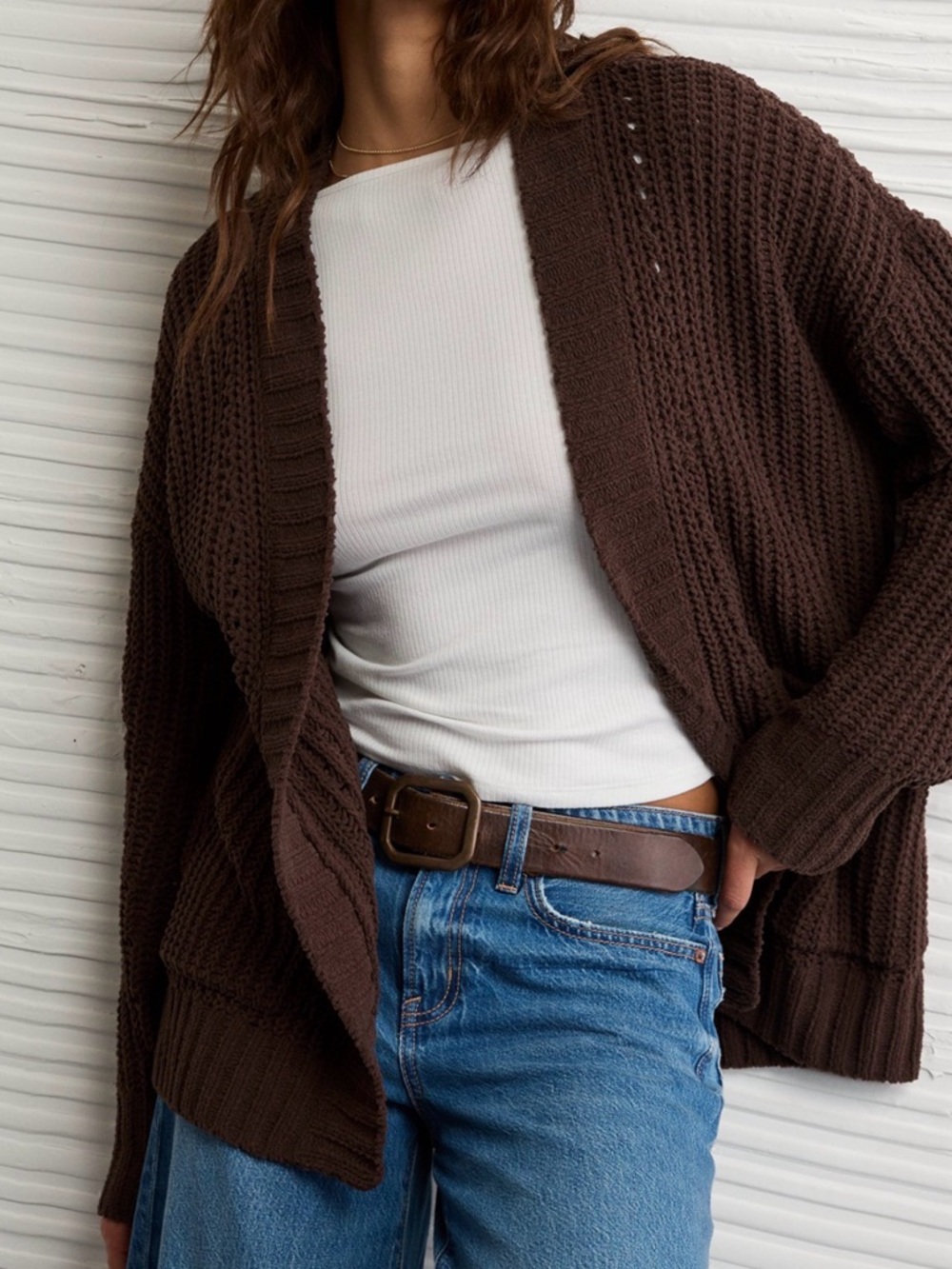 American Eagle Outfitters Brown Open Knit Oversized Cardigan Sweater XS XSmall
